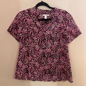 Dana Buchman Black Pink Polka Dot Button Front Career Blouse Women's Size Medium